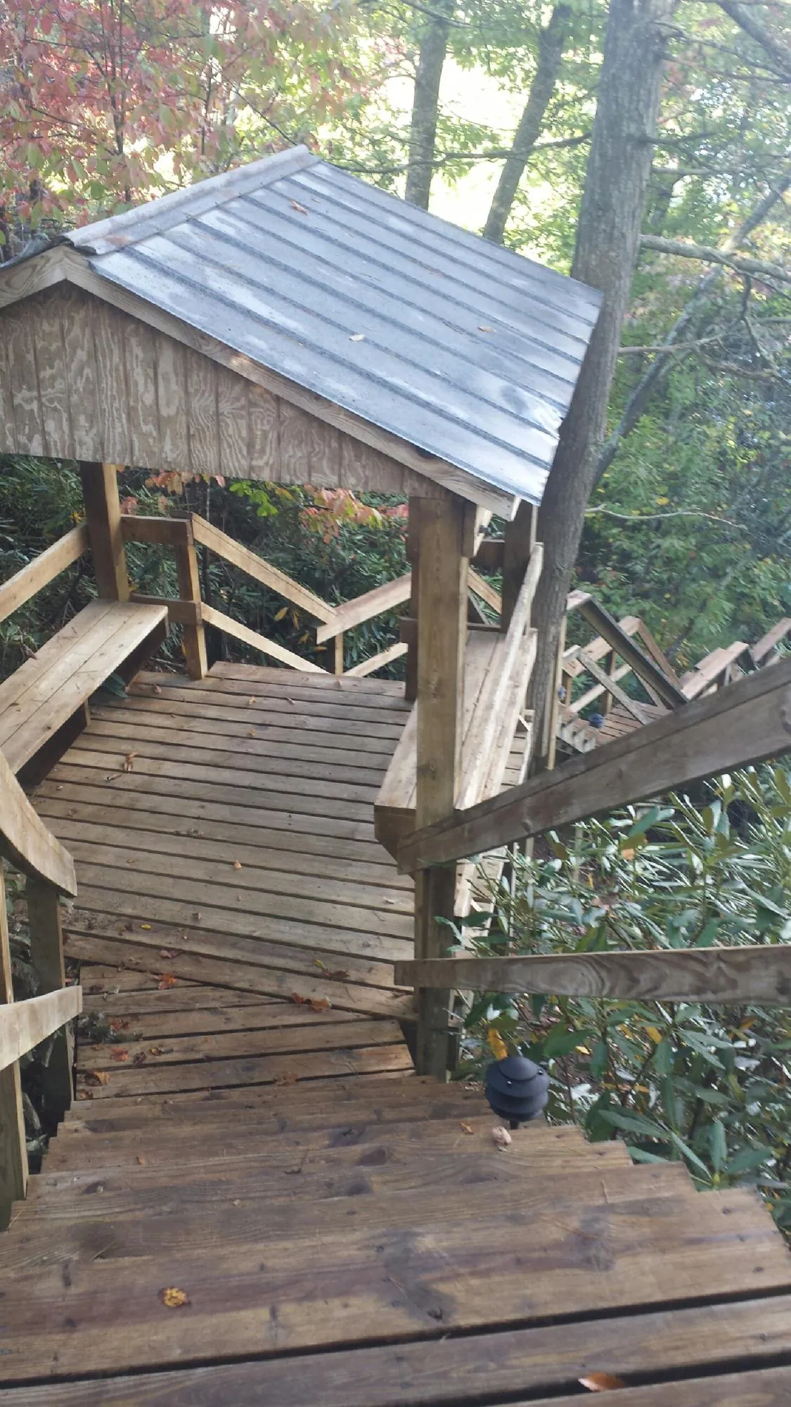 Metal roofed shelter over wooden steps on a wooded walkway — Skylight Repair & Installation work by our crew in Portland